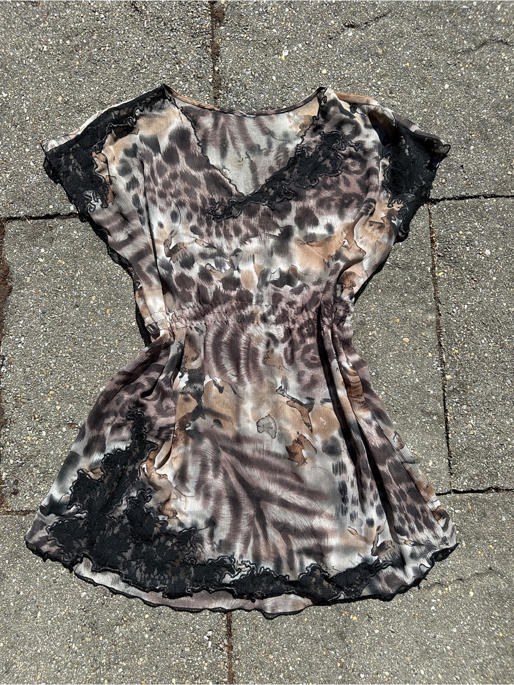 VINTAGE Y2K Sheer Leopard Lace Trim Tunic Top - Fits M